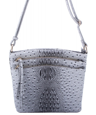 Ostrich Croc Multi Zip Pocket Crossbody Bag OS059 GRAY